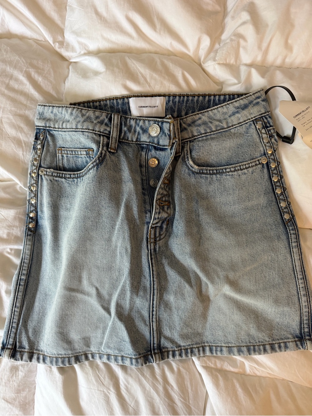 Current/Elliott Studded Washed Light Blue Denim Mini Skirt with Stud Trim